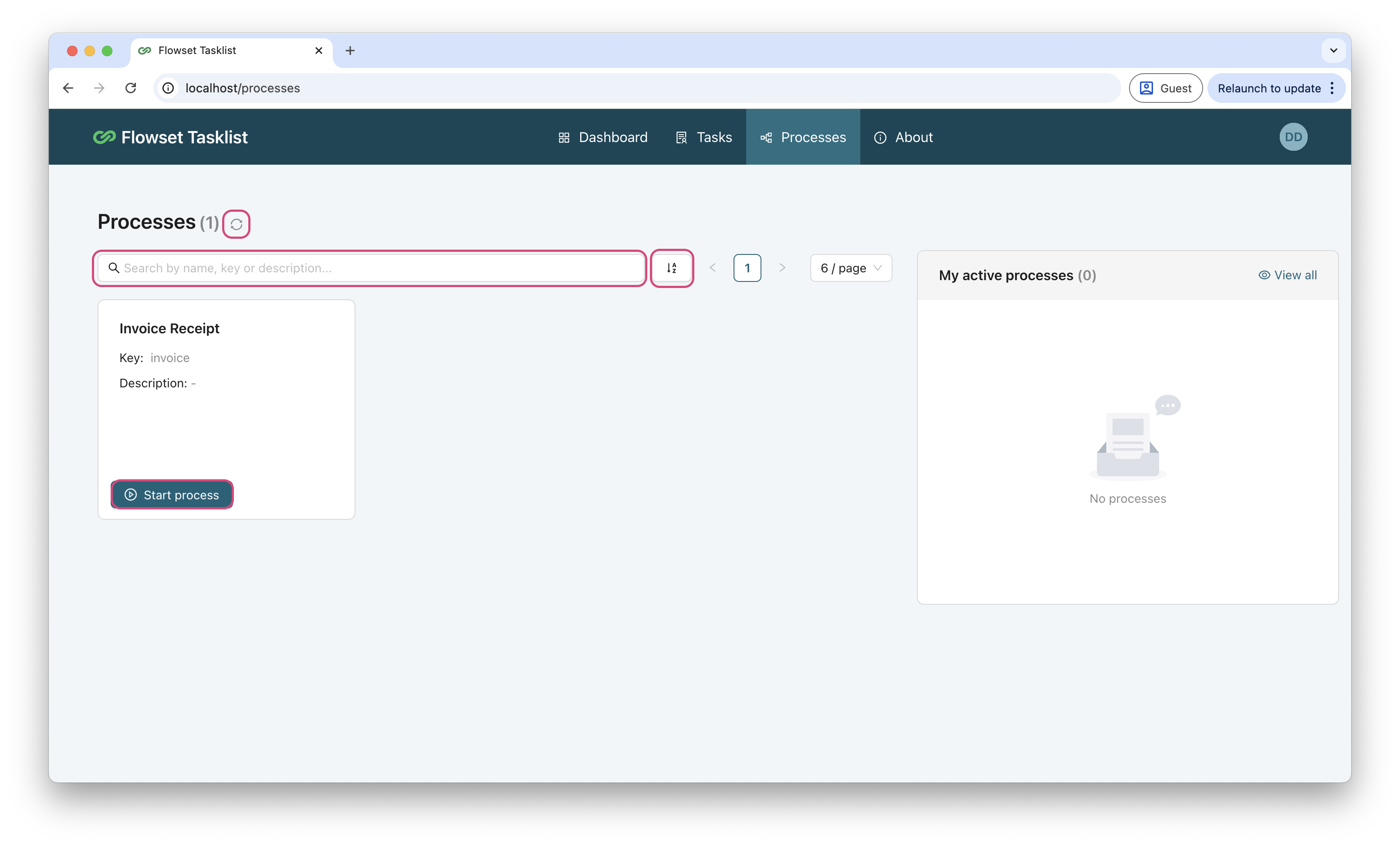 Process list screen
