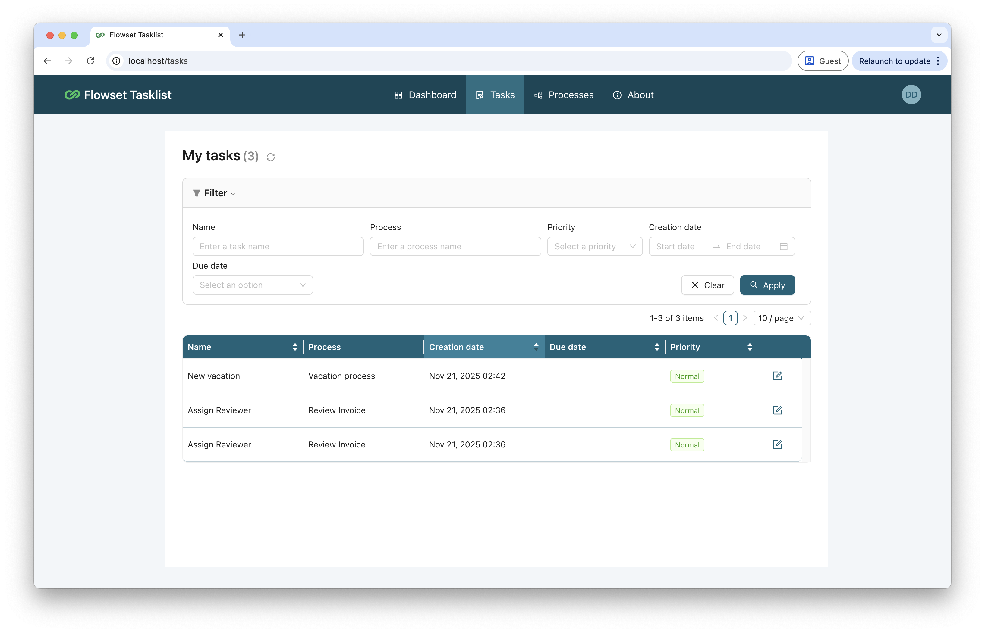 Task list screen