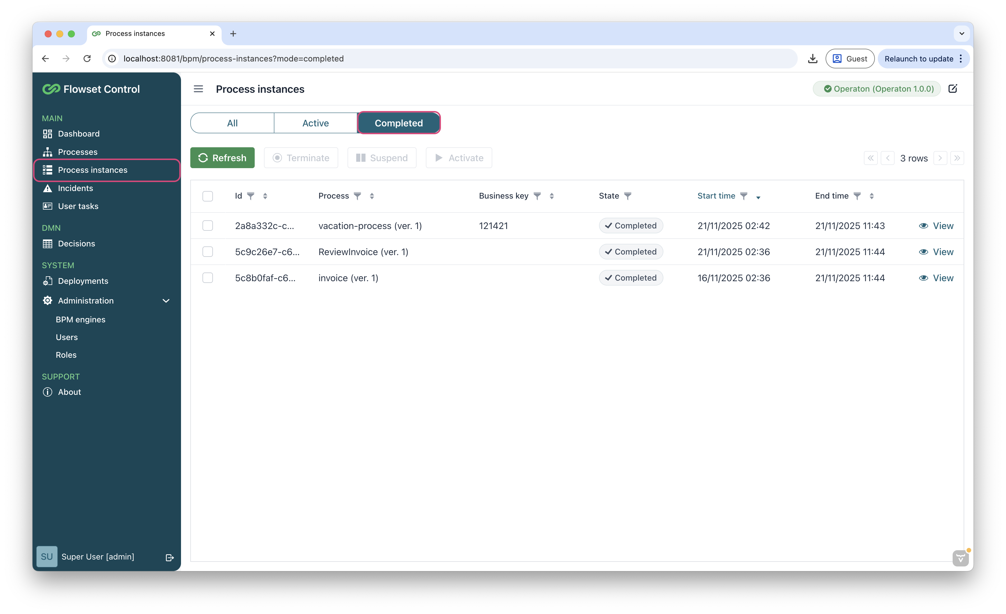 control process instance 1
