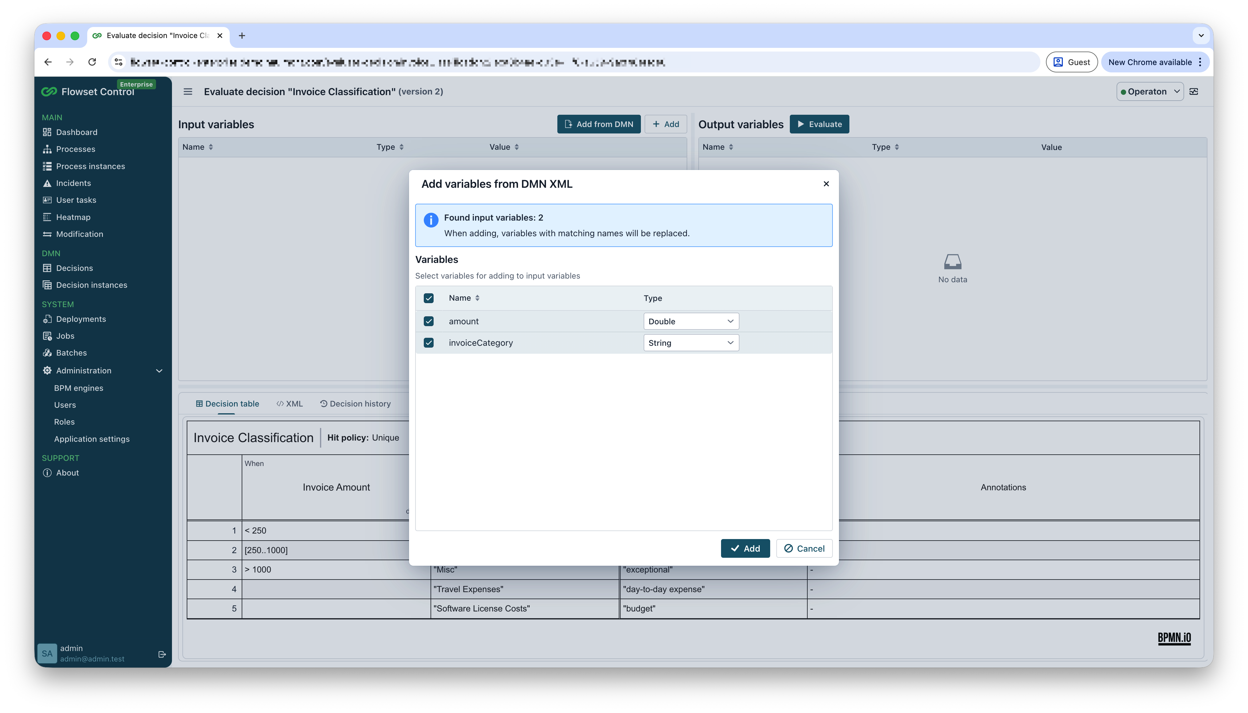 decision evaluate add from dmn dialog