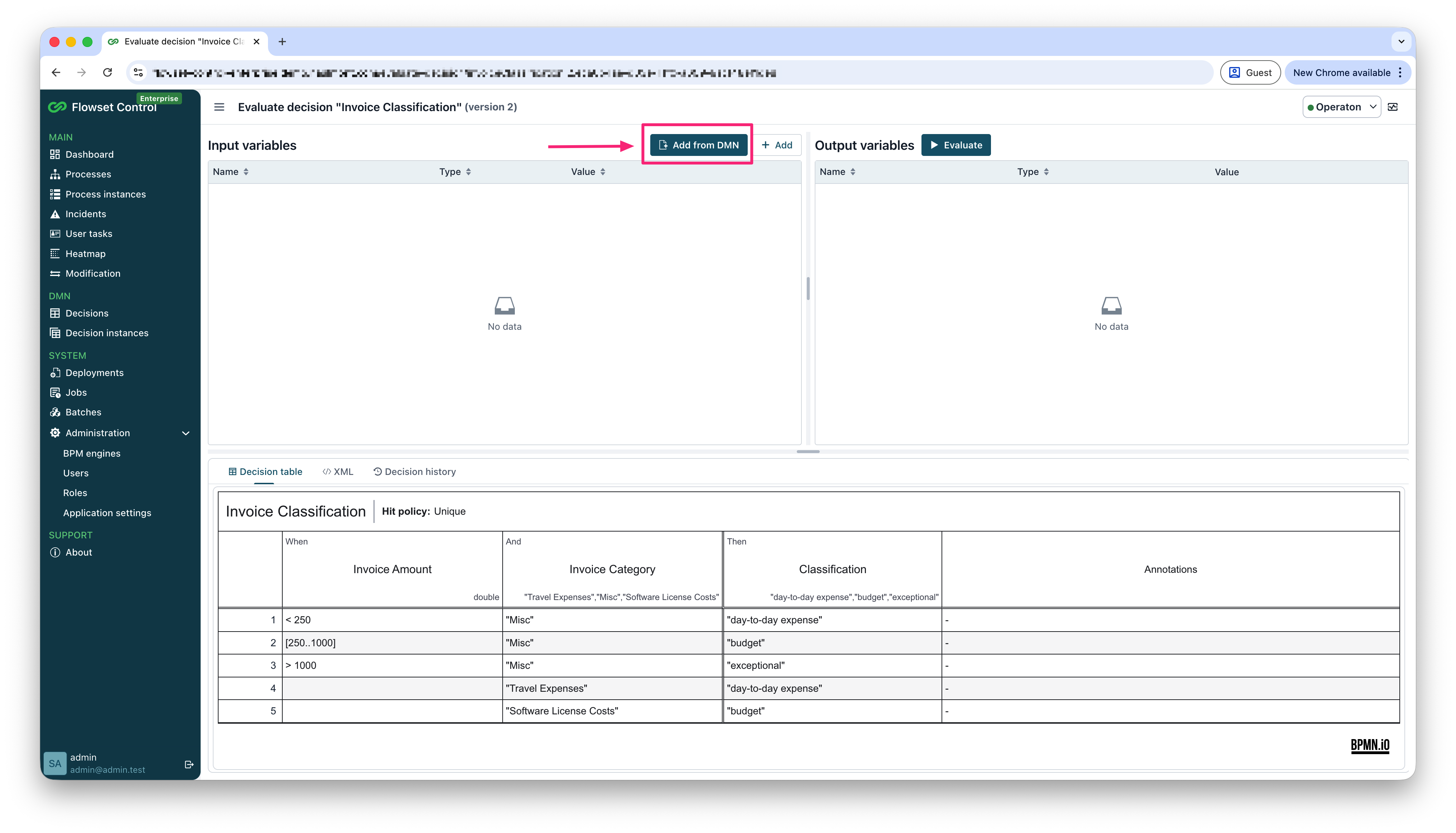 decision evaluate add from dmn