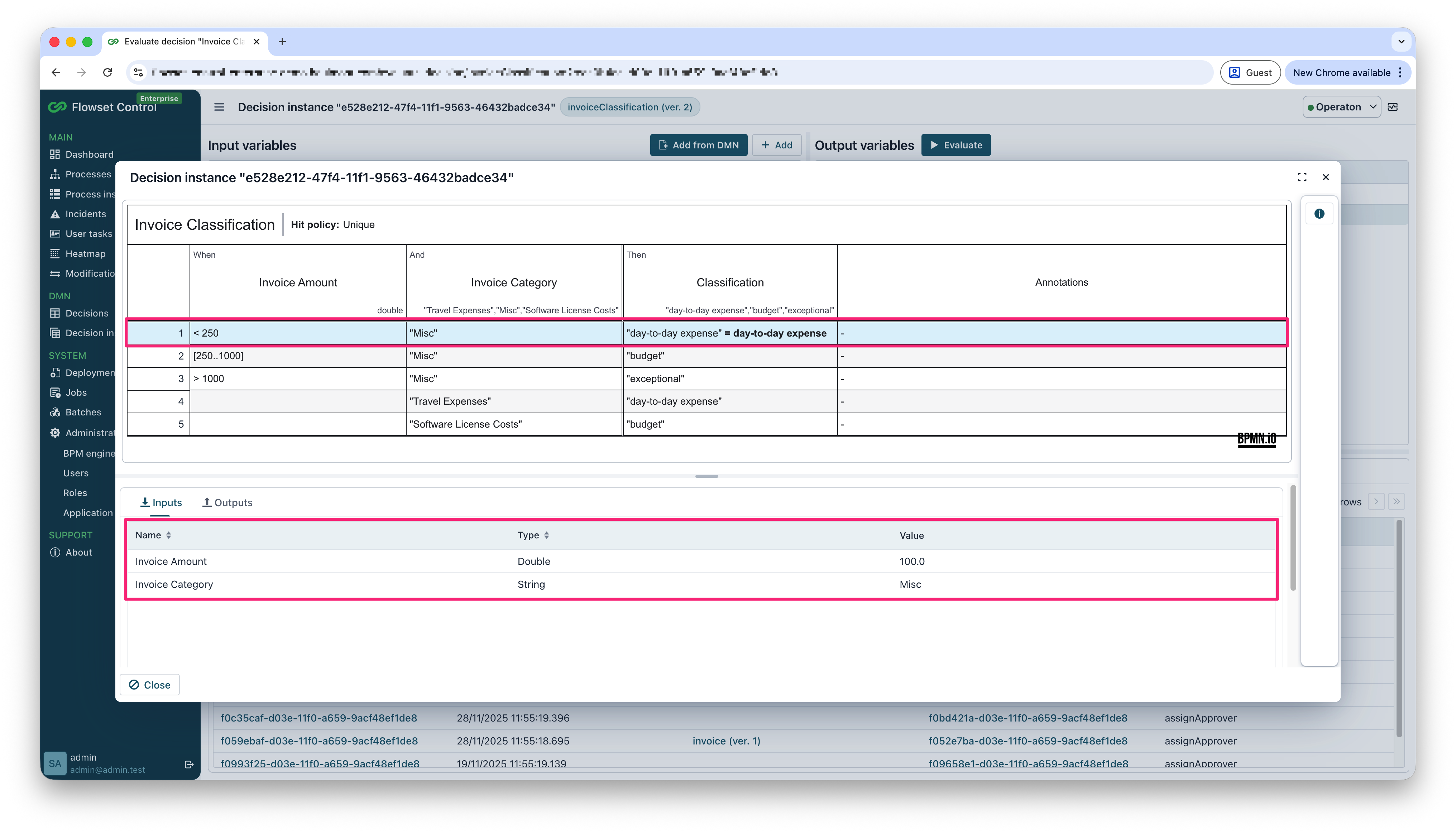 decision evaluate instance inputs