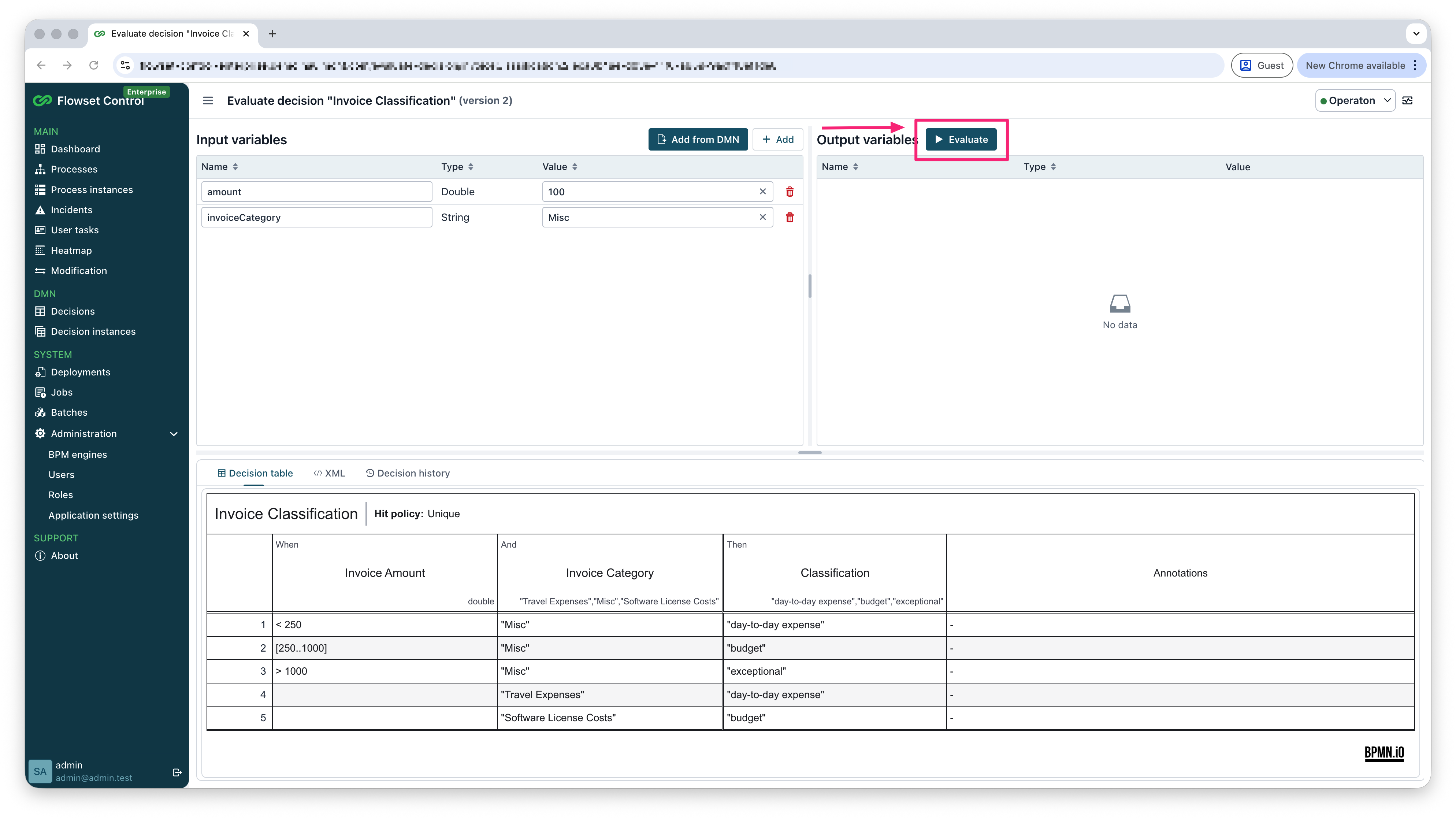 decision evaluate run