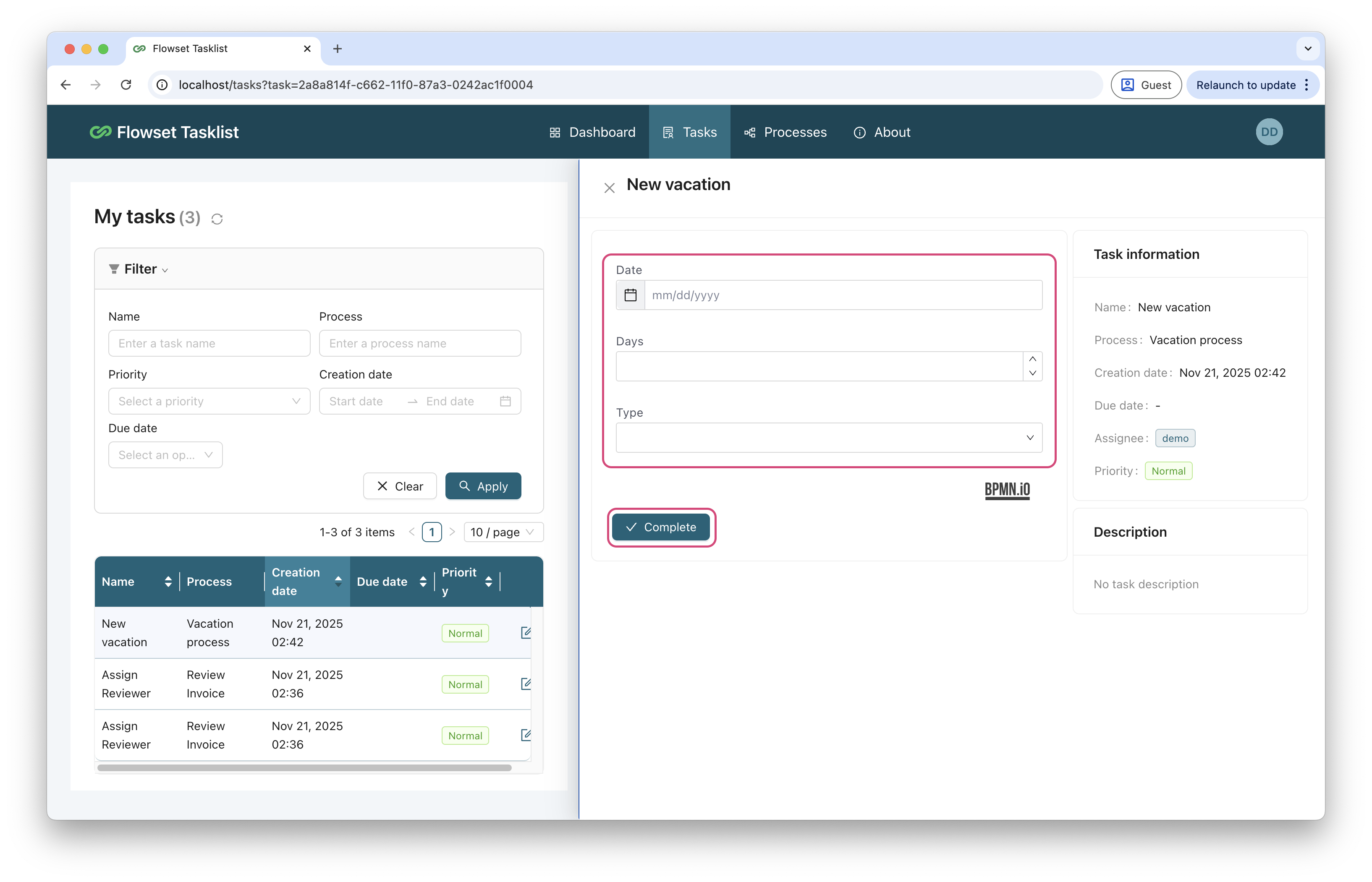 Task completion screen